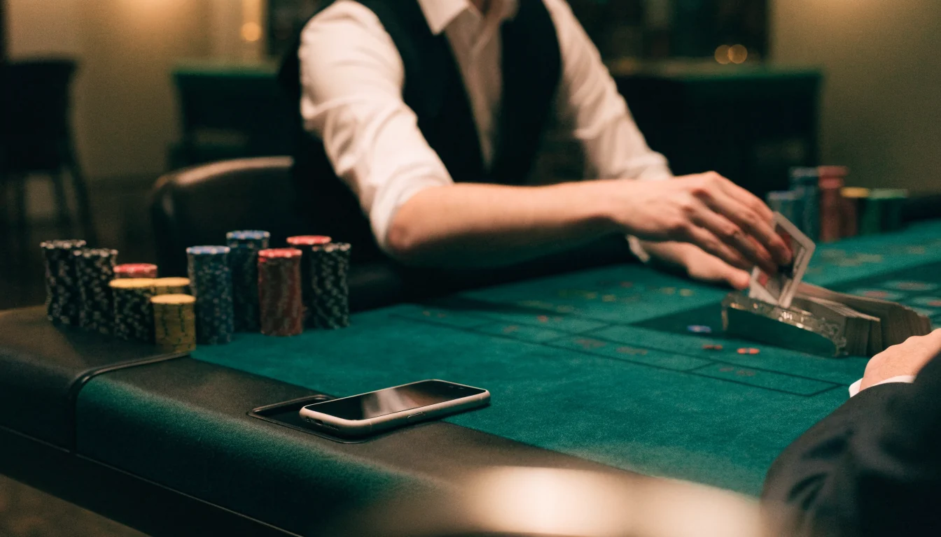Live-baccarat pöytä jakajan ja oikeiden korttien kanssa