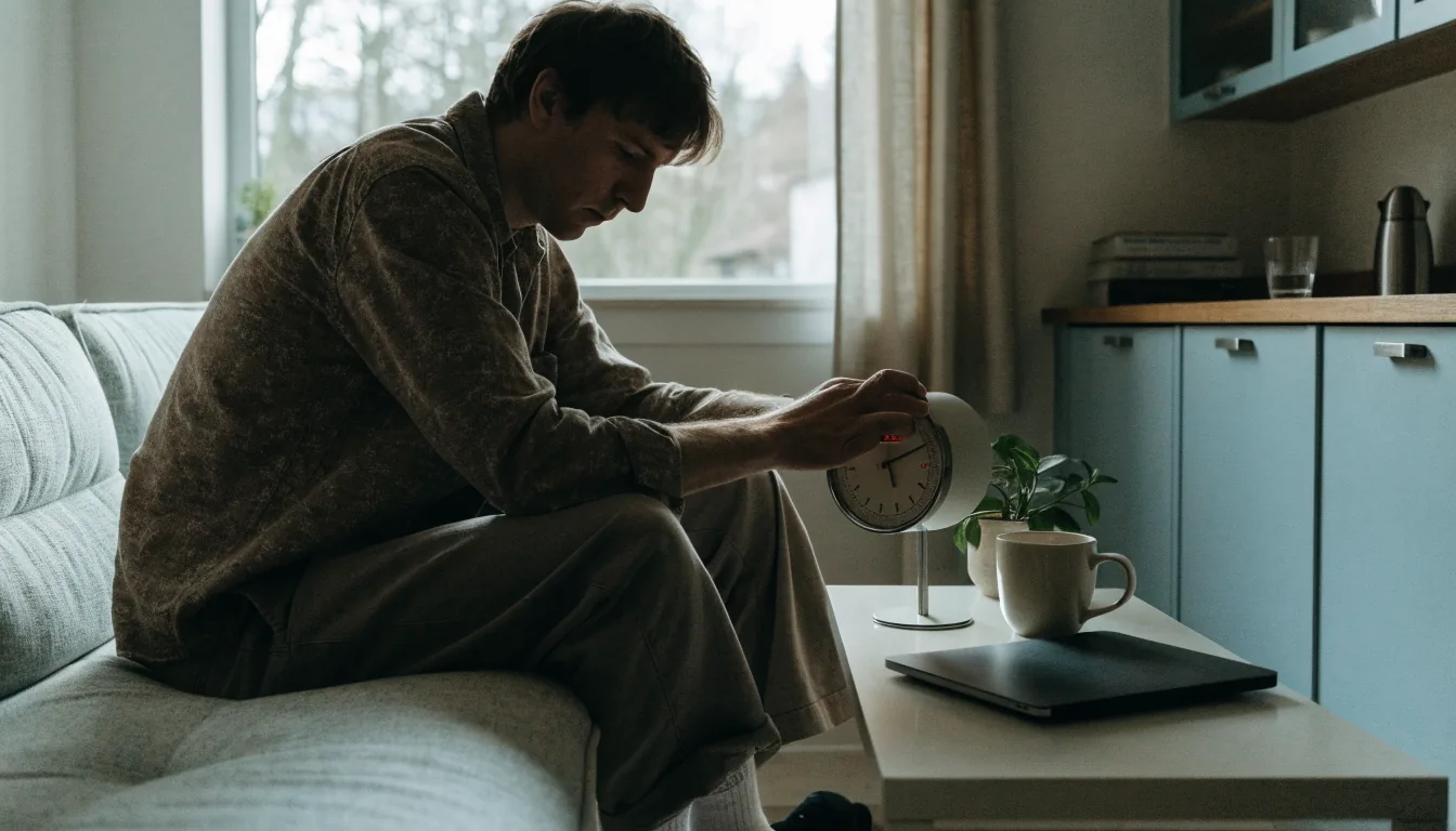 Henkilö asettaa ajastinta sohvalla vastuullisen pelaamisen merkiksi